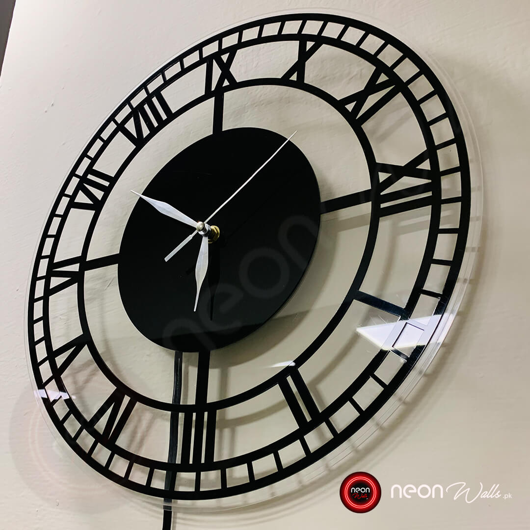 Roman Mirror Wall Clock - Black Acrylic