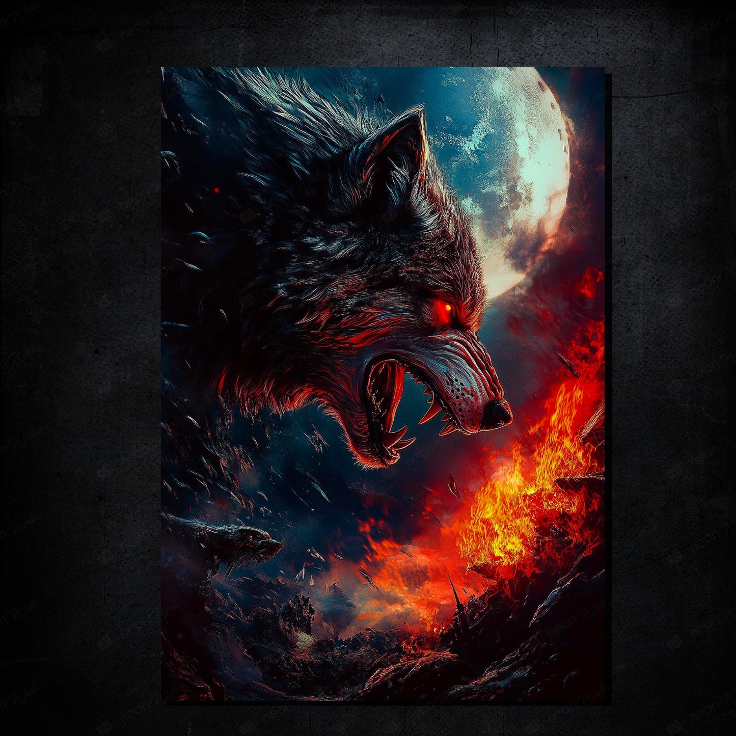 Wolf Under Full Moon vintage | LED Neon Frame Poster (Large)