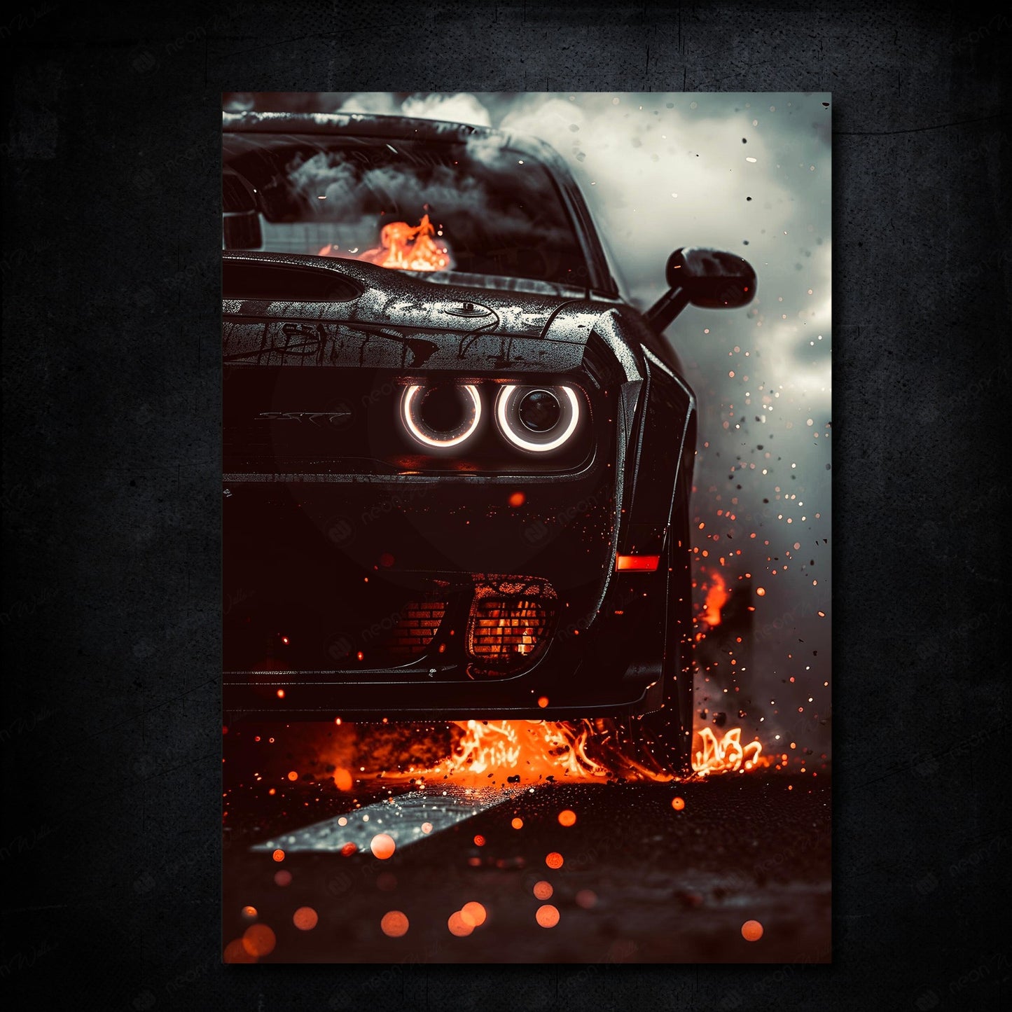 Challenger Srt Hellcat On Flames Front | LED Neon Frame Poster (Large)