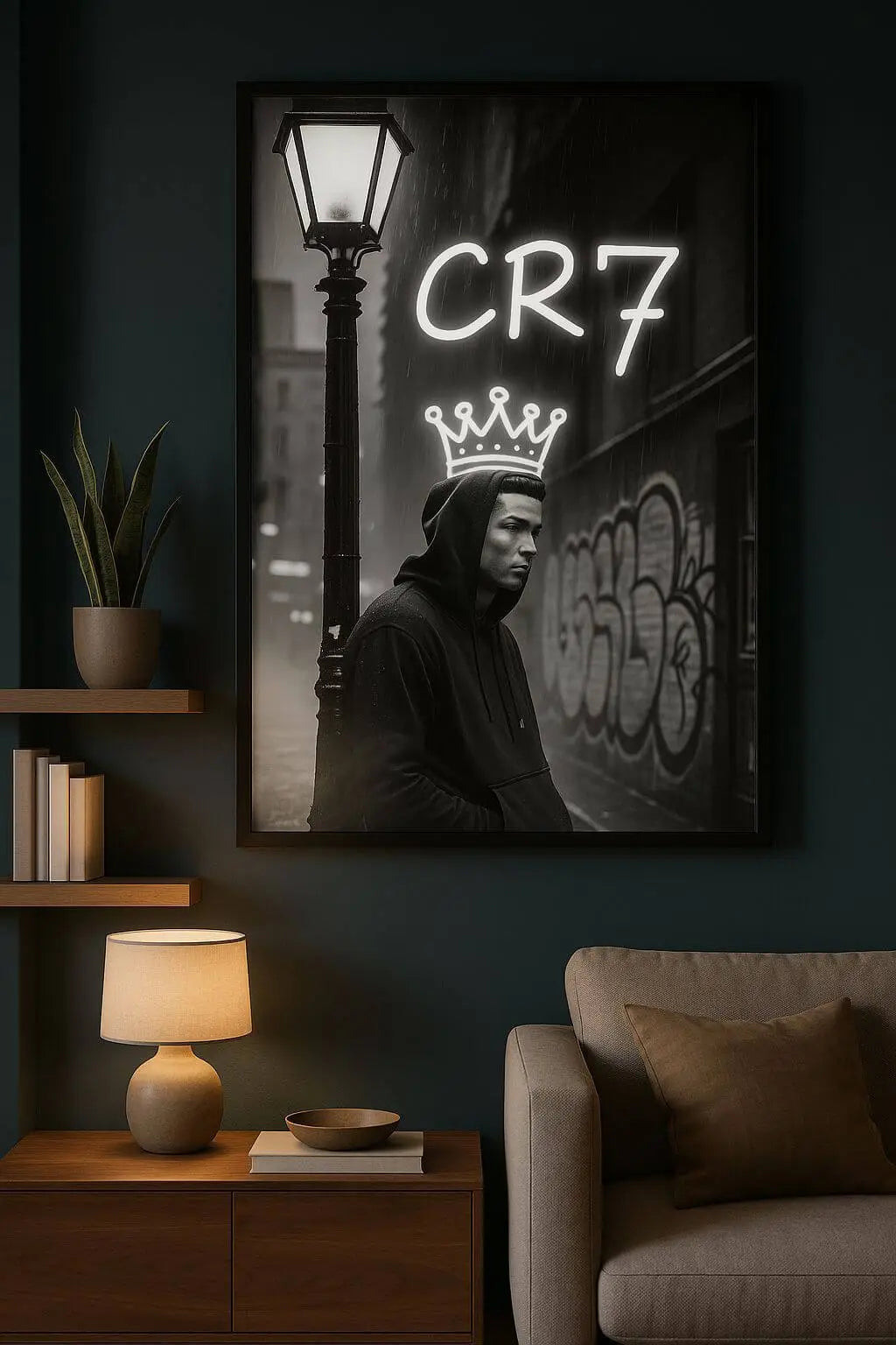 King Ronaldo CR7 Crown LED Neon Frame Poster – Football Wall Art for Fans