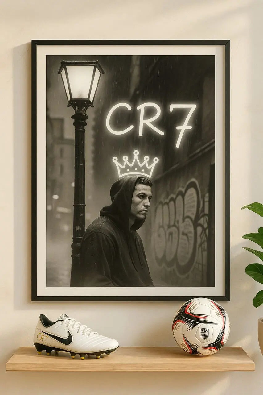 King Ronaldo CR7 Crown LED Neon Frame Poster – Football Wall Art for Fans