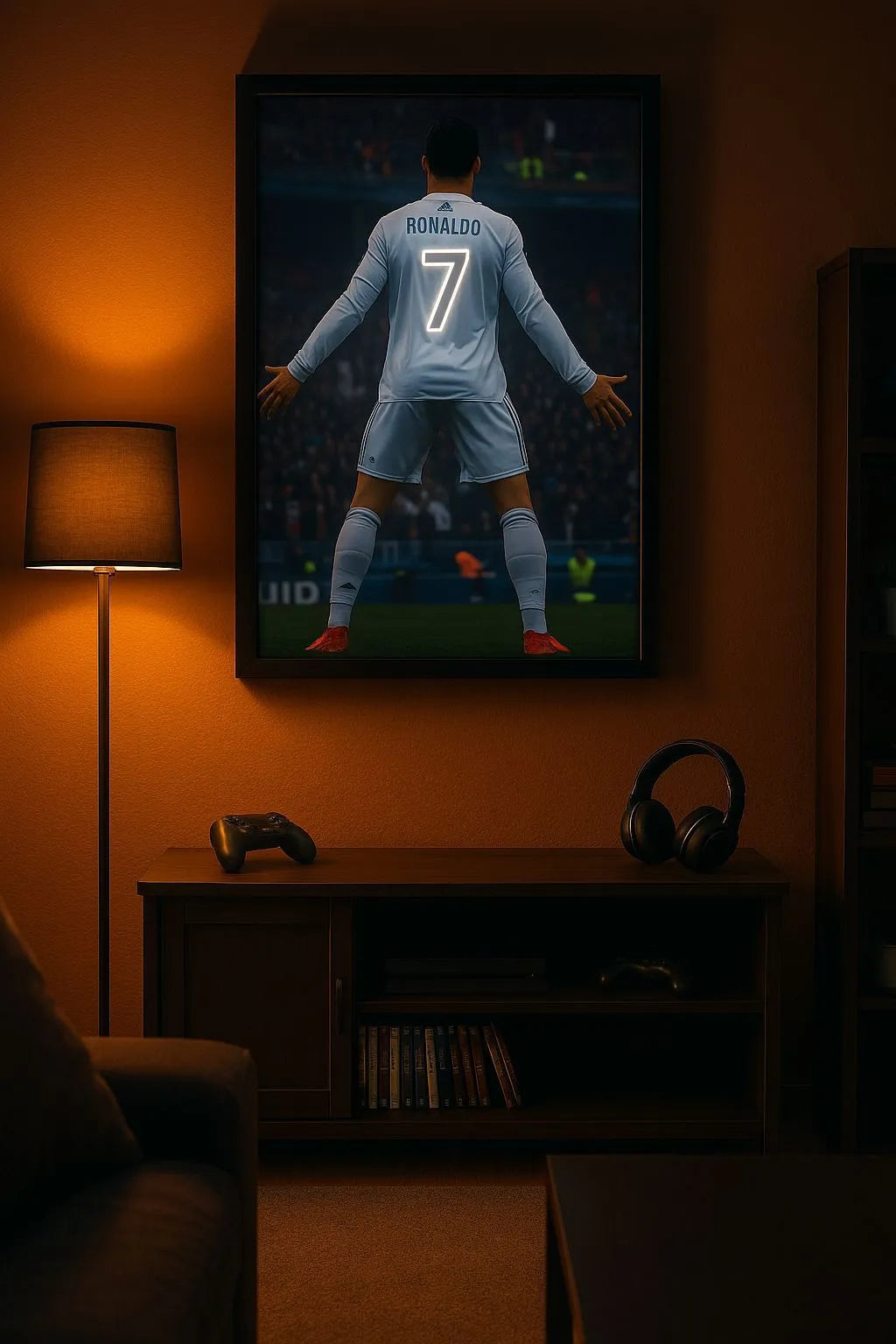 Ronaldo White & Red Jersey Back #7 LED Neon Frame Poster – Football Wall Art