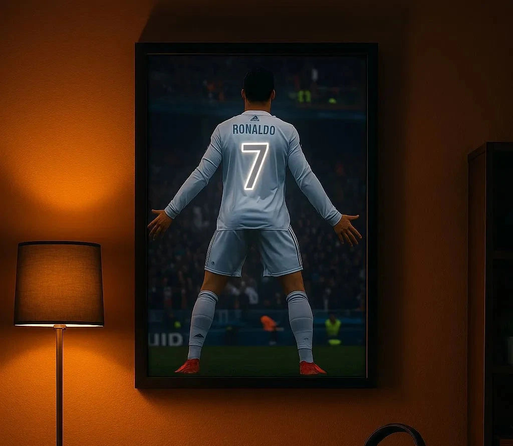 Ronaldo White & Red Jersey Back #7 LED Neon Frame Poster – Football Wall Art
