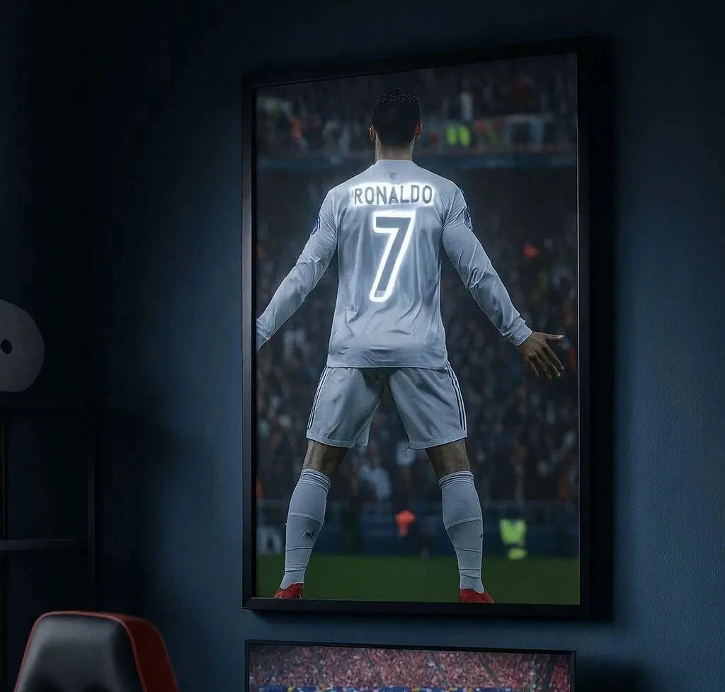 Ronaldo White & Red Jersey Back #7 LED Neon Frame Poster – Football Wall Art