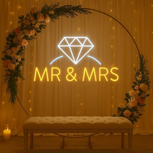 “Mr & Mrs” Neon Sign with Diamond Icon – Wedding & Reception LED Backdrop