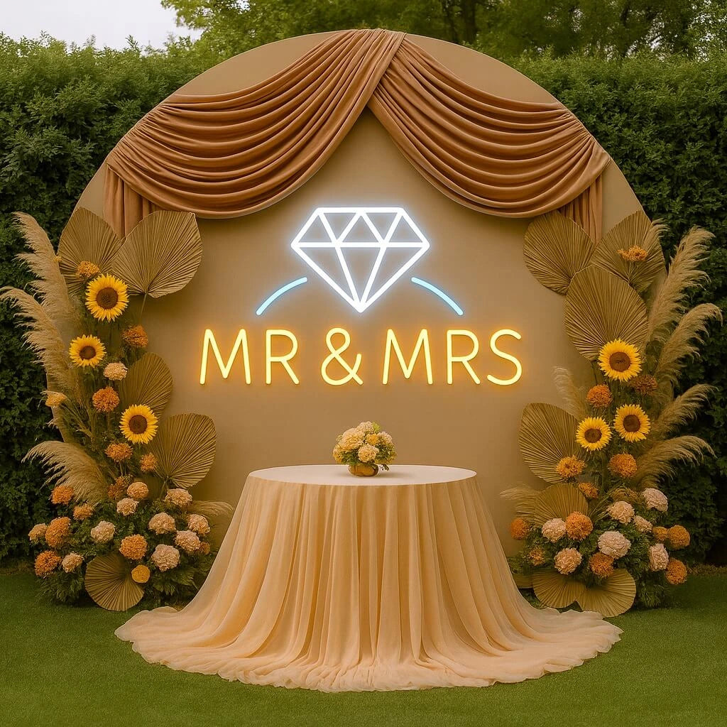 “Mr & Mrs” Neon Sign with Diamond Icon – Wedding & Reception LED Backdrop