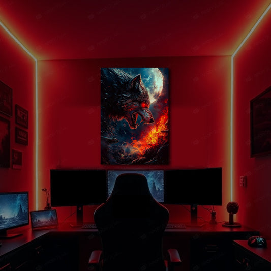 Wolf Under Full Moon vintage | LED Neon Frame Poster (Large)