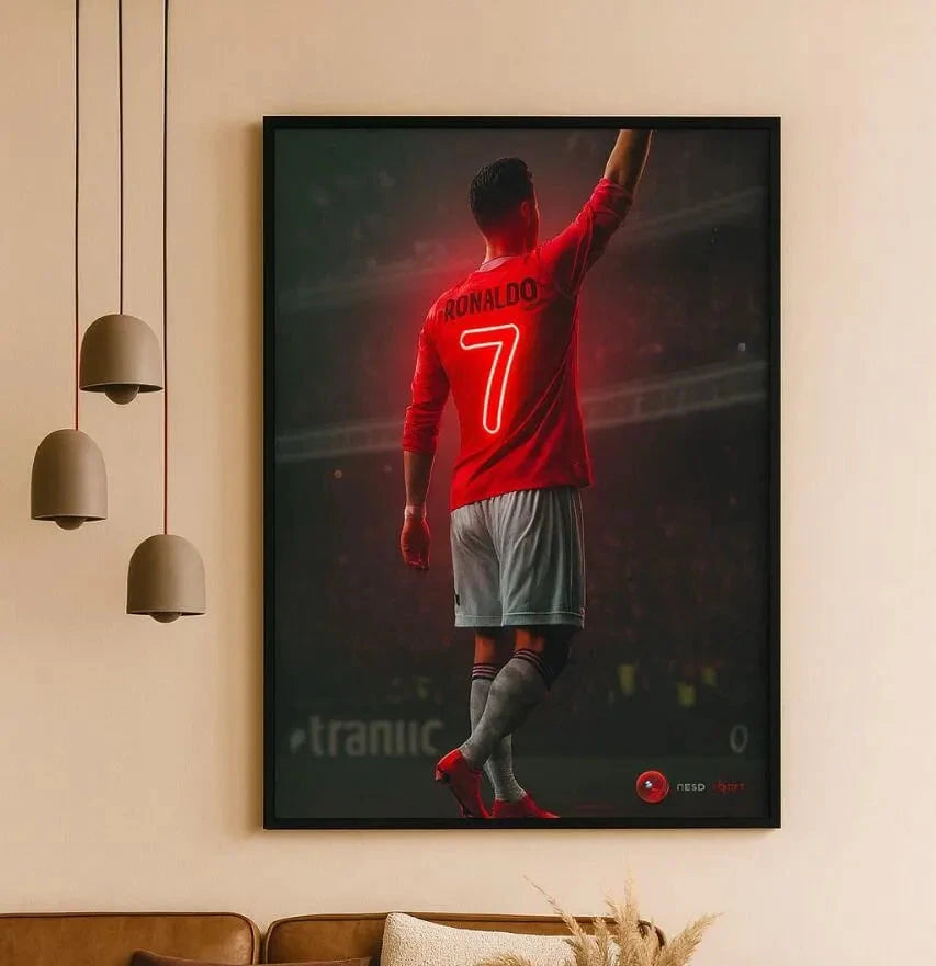 Ronaldo White & Red Jersey Back #7 LED Neon Frame Poster – Football Wall Art