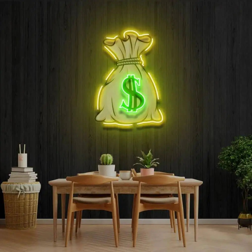 Money Bag UV LED Neon Sign 💰 – Light Up Your Wealthy Vibes! – Neon Walls