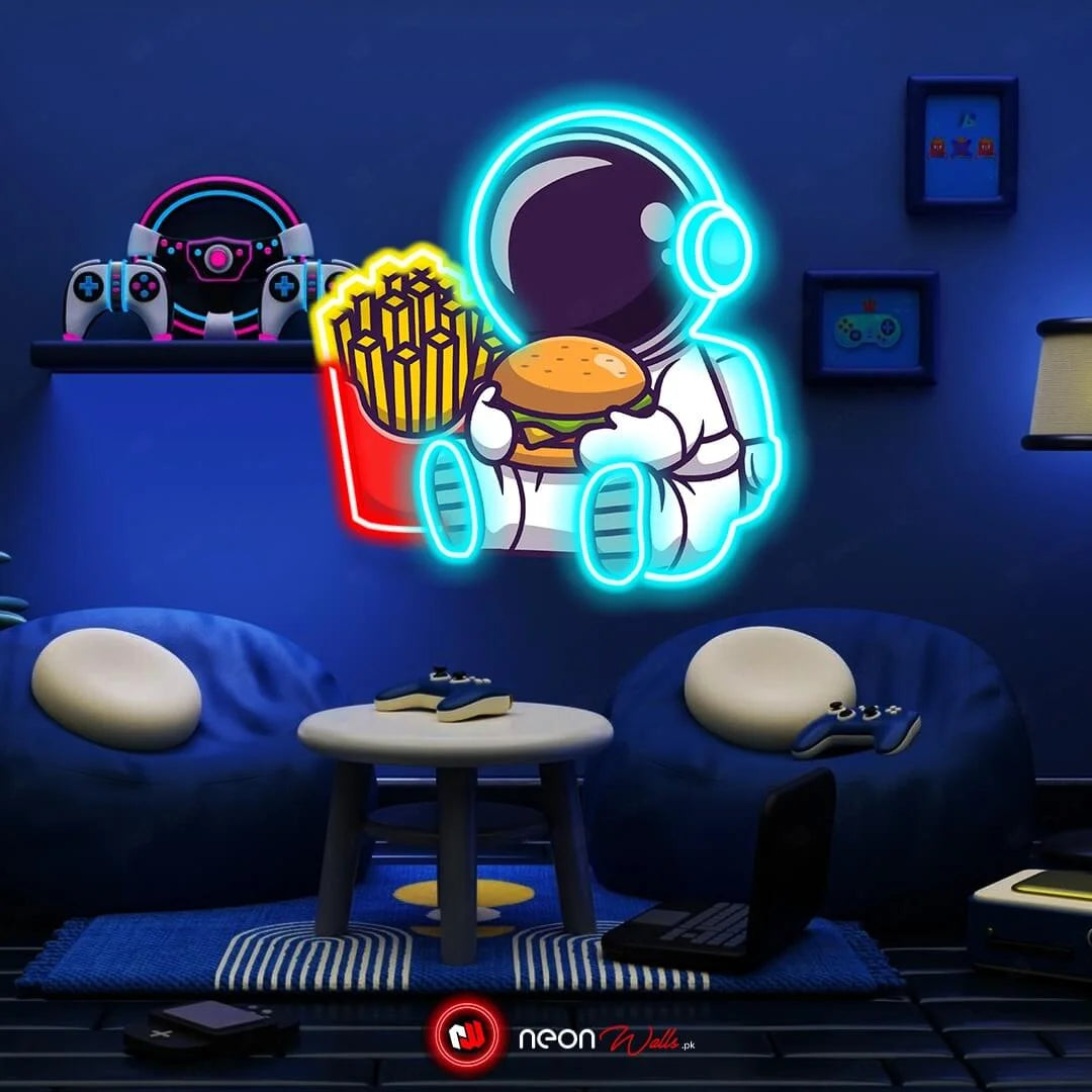 Astronaut Chillin with Burger UV Neon Sign – Brighten Your Space with Cosmic Vibes!