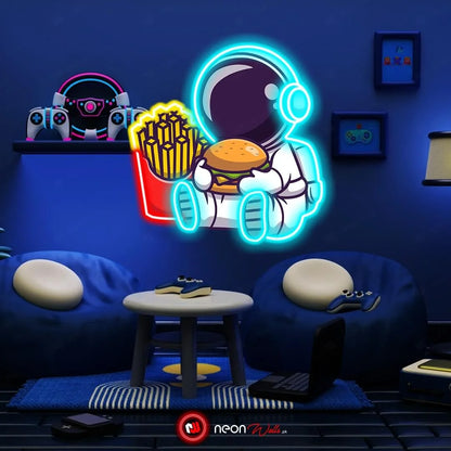 Astronaut Chillin with Burger UV Neon Sign – Brighten Your Space with Cosmic Vibes!