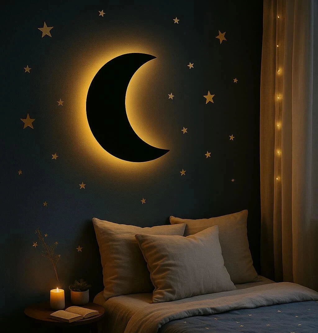 3D Moon Silhouette Wall Lamp – Modern Ambient Bedroom Light | Plug & Play, No Wires