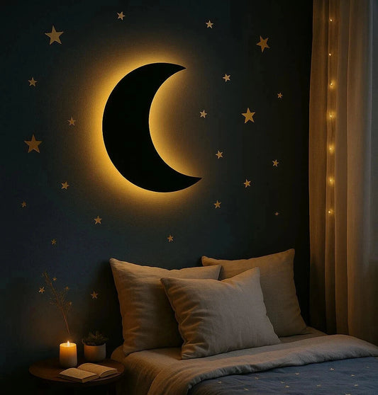 3D Moon Silhouette Wall Lamp – Modern Ambient Bedroom Light | Plug & Play, No Wires