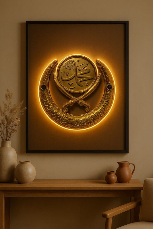 Muhammad (SAWW) with Kalma Badge | LED Neon Frame Poster – Islamic Wall Art Decor