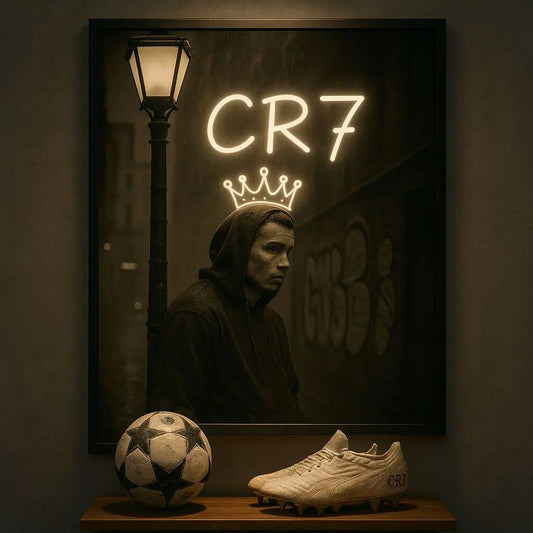 King Ronaldo CR7 Crown LED Neon Frame Poster – Football Wall Art for Fans