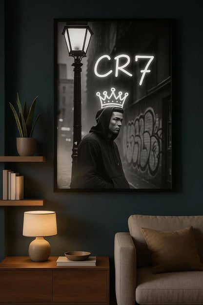 King Ronaldo CR7 Crown LED Neon Frame Poster – Football Wall Art for Fans