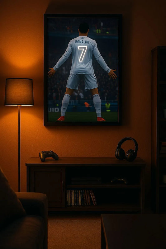 Ronaldo White & Red Jersey Back #7 LED Neon Frame Poster – Football Wall Art
