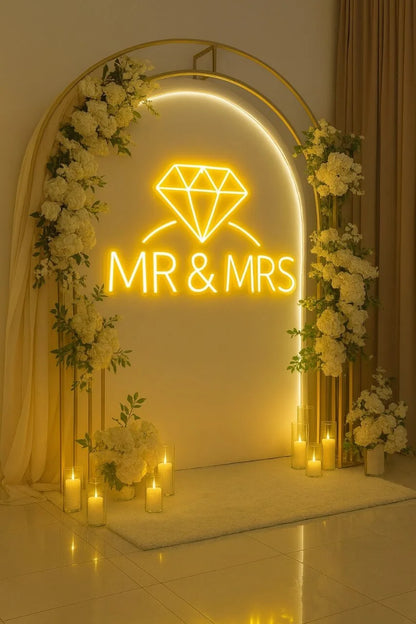 “Mr & Mrs” Neon Sign with Diamond Icon – Wedding & Reception LED Backdrop