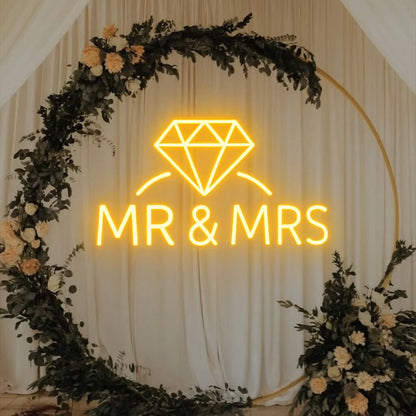 “Mr & Mrs” Neon Sign with Diamond Icon – Wedding & Reception LED Backdrop