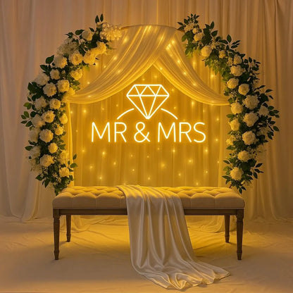 “Mr & Mrs” Neon Sign with Diamond Icon – Wedding & Reception LED Backdrop