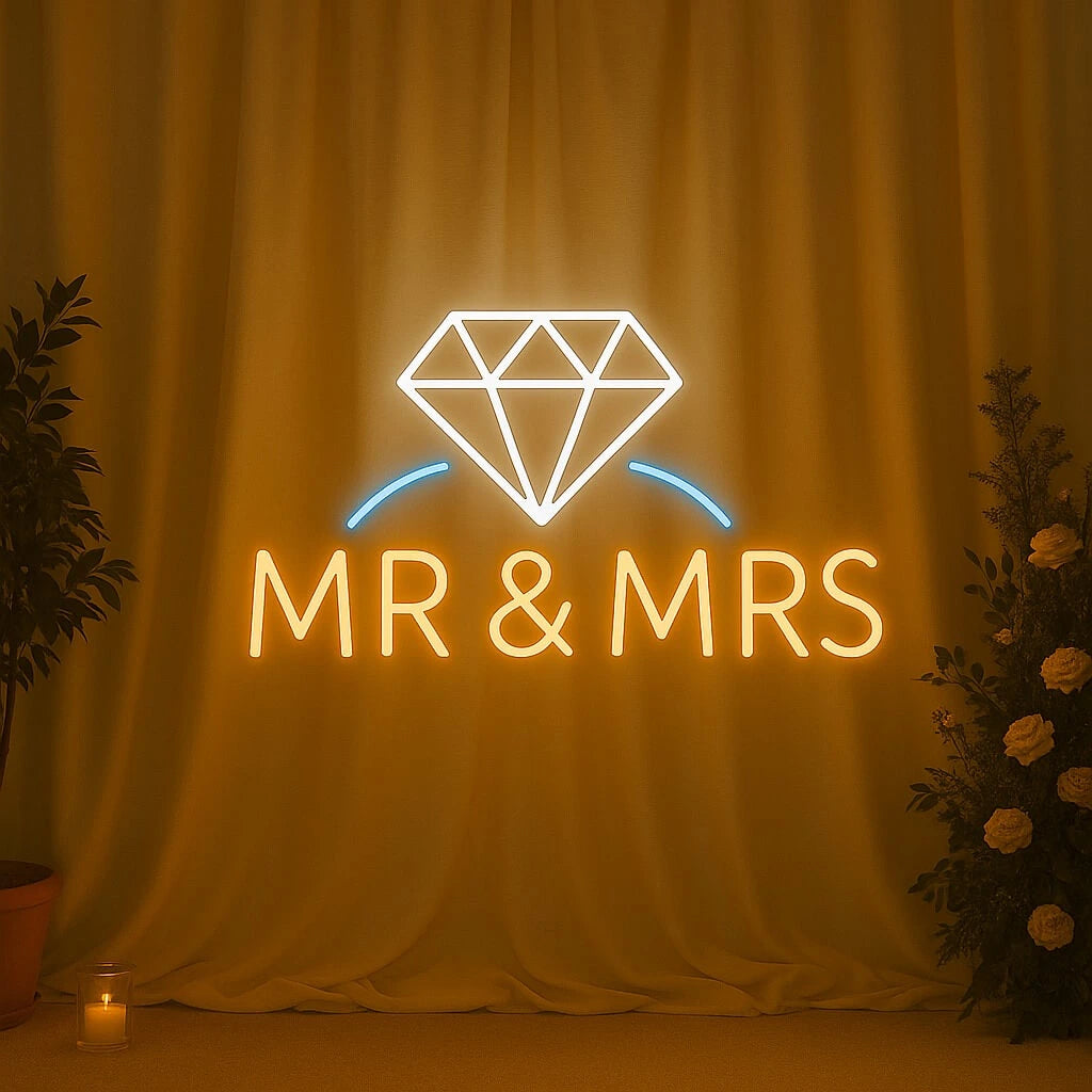 “Mr & Mrs” Neon Sign with Diamond Icon – Wedding & Reception LED Backdrop