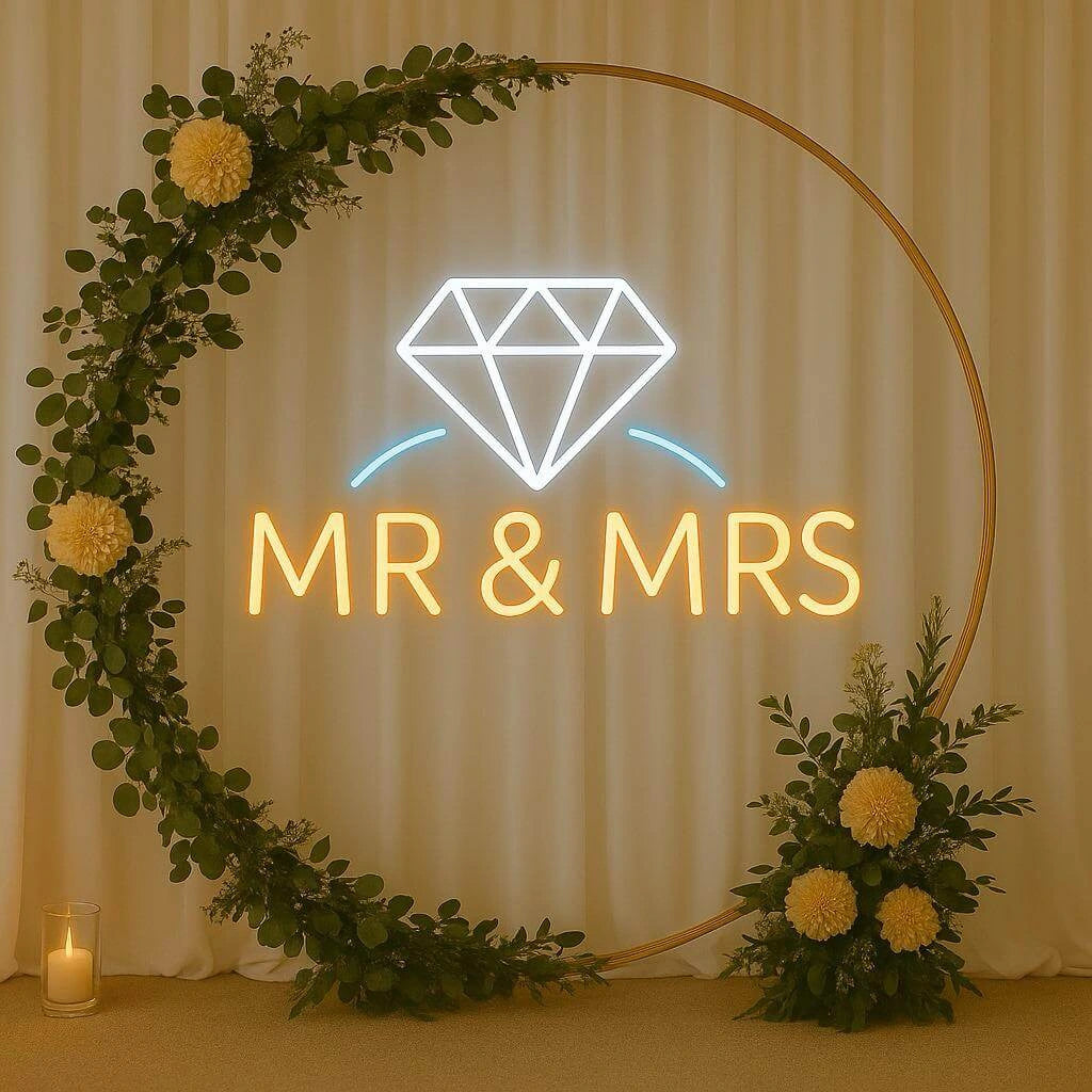 “Mr & Mrs” Neon Sign with Diamond Icon – Wedding & Reception LED Backdrop